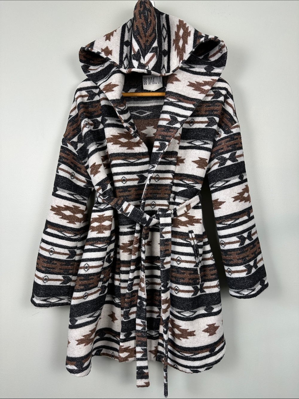 BB Dakota Hooded Aztec Pea Coat low wool Black, White Brown boho outdoorsy